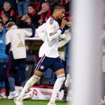 France winger, Michael Olise, celebrates after netting the third goal for Bayern Munich in the Bundesliga match against Freiburg on Sunday 25 October, 2026 at Europa-Park Stadion, Freiburg
