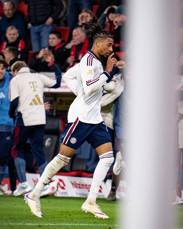 France winger, Michael Olise, celebrates after netting the third goal for Bayern Munich in the Bundesliga match against Freiburg on Sunday 25 October, 2026 at Europa-Park Stadion, Freiburg