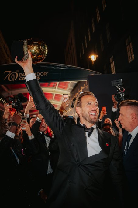 England and Bayern Munich forward, Harry Kane, in a celebratory mood after winning the Ballon d'Or 2026 in London, England on Monday 26 October, 2026